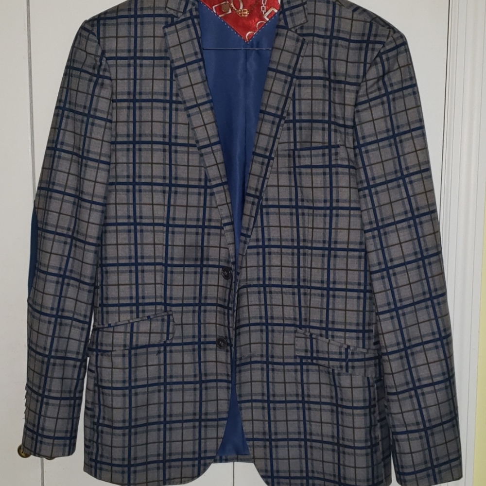 Elie Balleh men's plaid sport coat with patches